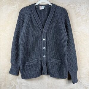 Campus Mens Vintage Cardigan Sweater L Charcoal Gray Ribbed Knit Wool Blend
